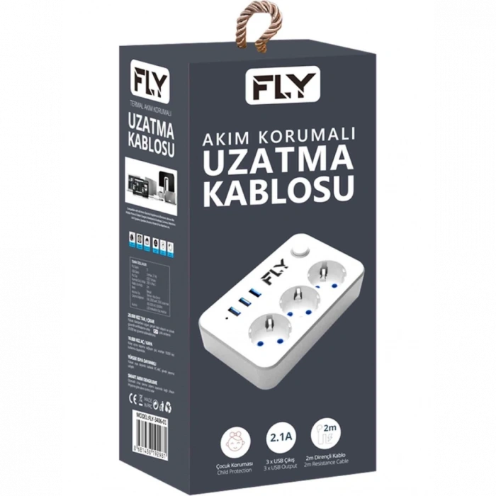 FLY 3406-01, 3 Soket, 3 USB, Akım Korumalı Priz, 2.1A, Anahtarlı, 2Mt Kablo, (Beyaz)