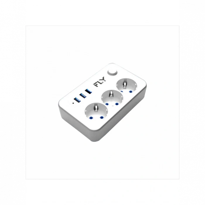 FLY 3406-01, 3 Soket, 3 USB, Akım Korumalı Priz, 2.1A, Anahtarlı, 2Mt Kablo, (Beyaz)