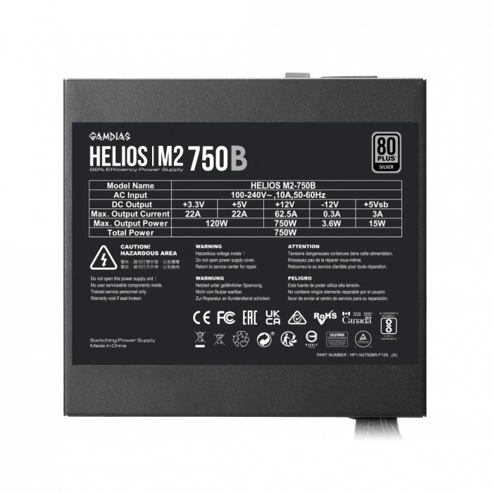 GAMDIAS HELIOS M2-750B, 750W, 80+ Silver, Aktif PFC, GAMING, ATX, Power Supply (PSU)