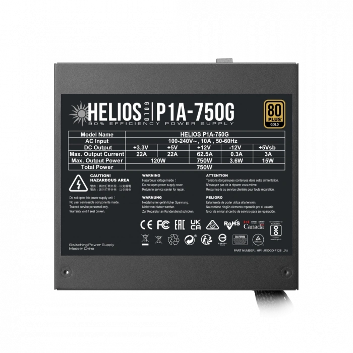 GAMDIAS HELIOS P1A-750G, 750W, 80+ Gold, Aktif PFC, GAMING, ATX, Power Supply (PSU)