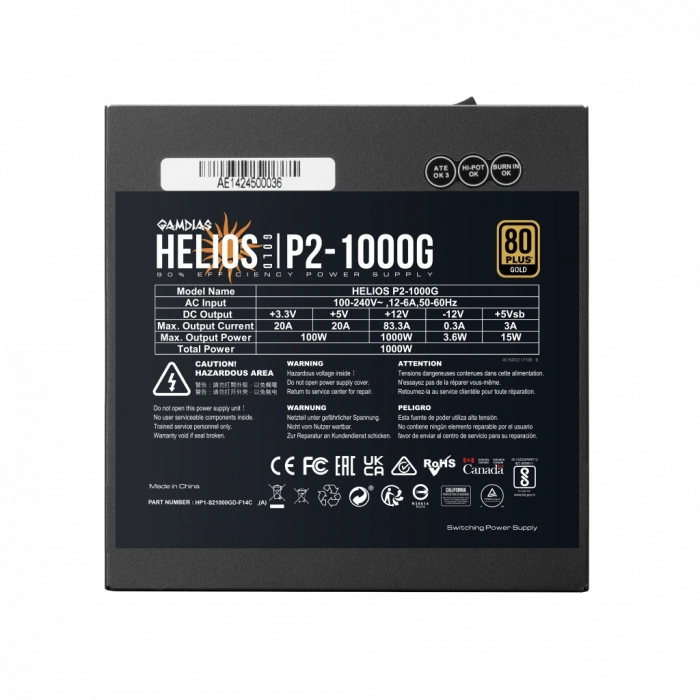 GAMDIAS HELIOS P2-1000G, 1000W, 80+ Gold, Full Modüler, Aktif PFC, GAMING, ATX, Power Supply (PSU)