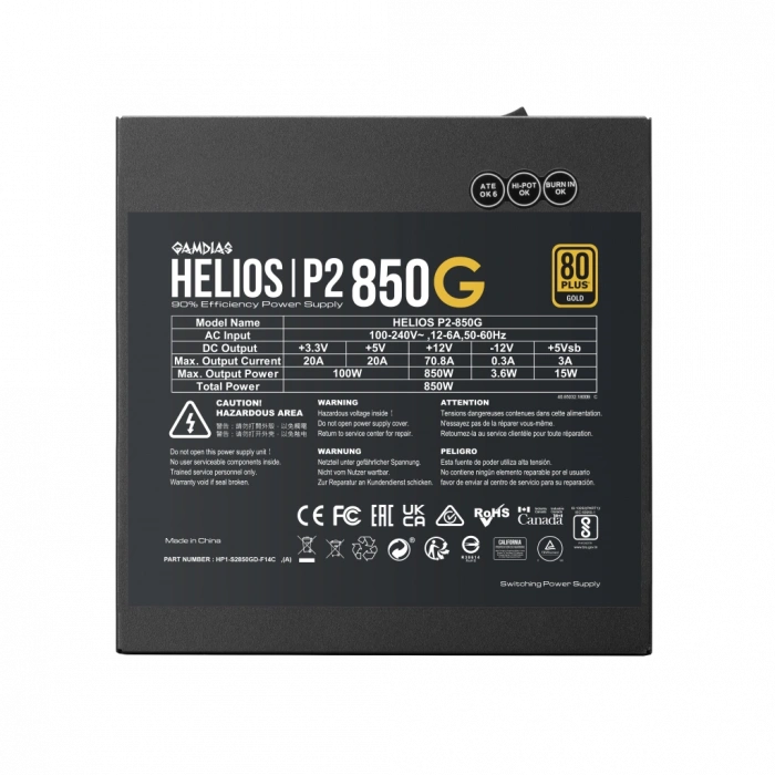 GAMDIAS HELIOS P2-850G, 850W, 80+ Gold, Full Modüler, Aktif PFC, GAMING, ATX, Power Supply (PSU)
