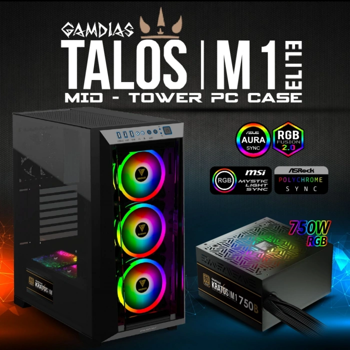 GAMDIAS TALOS M1 Elite, 750W, 80+ Bronze, Tempered Glass, ARGB, ATX GAMING KASA