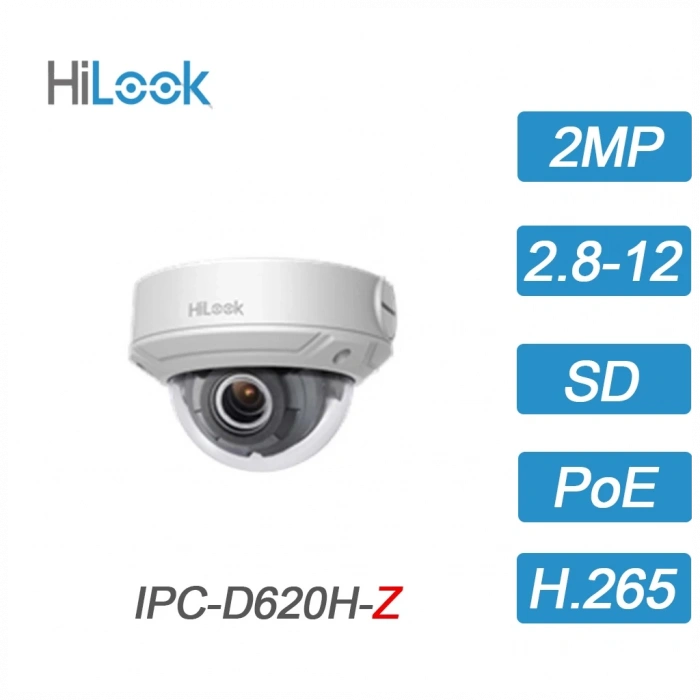 HILOOK IPC-D620H-Z, 2Mpix, 2,8-12mm Motorize Lens, H265+, 30Mt Gece Görüşü, PoE, IP67, IK10, Dome, IP Kamera