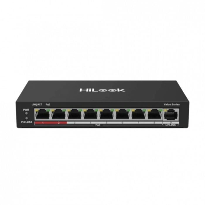HILOOK NS-0109P-60(B), 8 Port, Megabit, PoE 60W, 1 Port Megabit Uplink, Long Range 250Metre, Yönetilemez, Masaüstü Switch