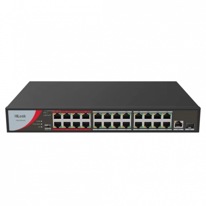 HILOOK NS-0326P-230(B), 24Port, Megabit, PoE 230W, 1 Port GigaBit Lan, 1 Port GigaBit SFP, Long Range 250Metre, Yönetilemez, Masaüstü Switch