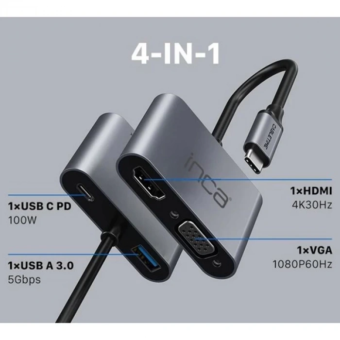 INCA ITPC-06T 0.15metre TYPE-C - HDMI_VGA(D) Görüntü Adaptörü Gümüş 100W