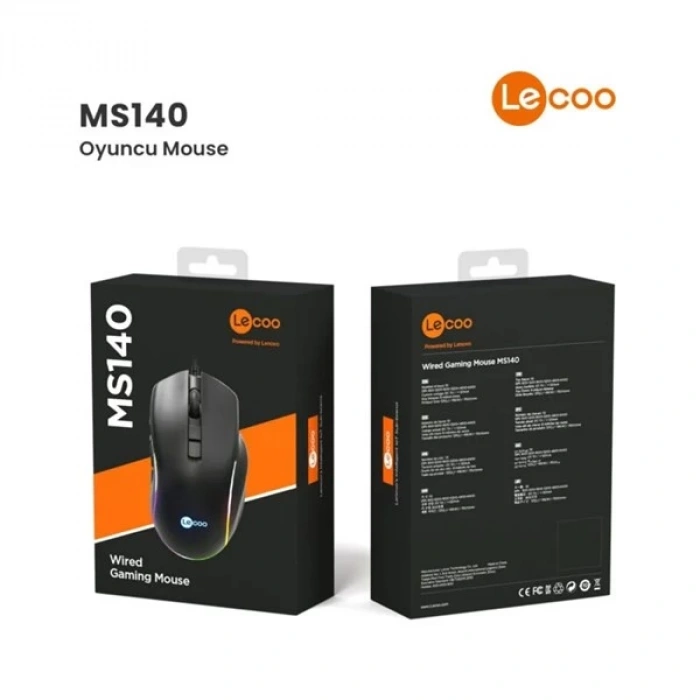 LENOVO LECOO MS140 USB RGB Led Aydınlatmalı 6400dpi Gaming Optic Siyah Mouse