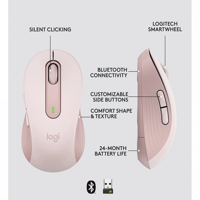 LOGITECH 910-006254, M650 Signature, Rose, Sağ El, USB Nano 2,4G Kablosuz, 4000dpi, Optik, 5 Tuşlu, 24ay Pil Ömrü, Sessiz Mouse