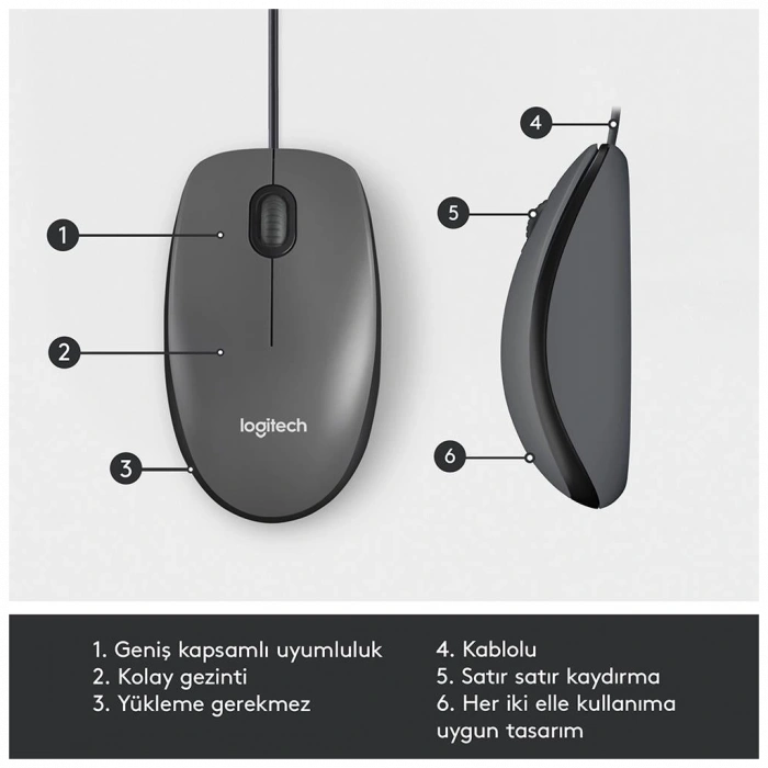 LOGITECH 910-006652, M100 Siyah, USB Kablolu, 1000dpi, Optik, 3 Tuşlu, Mouse