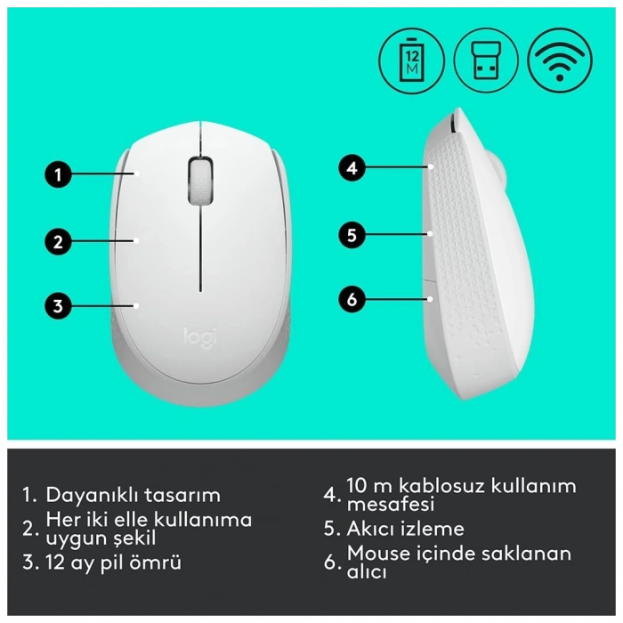 LOGITECH 910-006867, M171 White, USB Nano 2,4G Kablosuz, 1000dpi, Optik, 3 Tuşlu, 12ay Pil Ömrü, Mouse