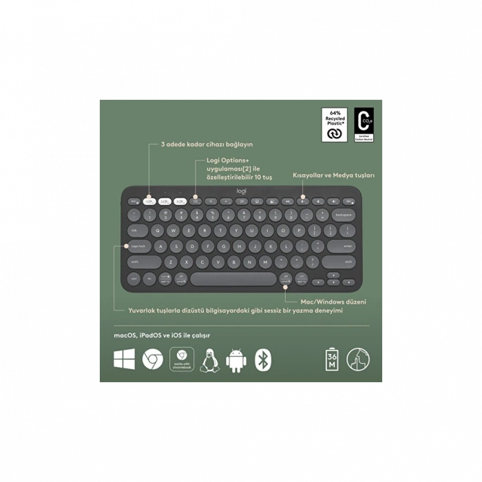 LOGITECH K380S, Pebble Keys 2,  Siyah, 920-011859, Bluetooth, Türkçe, Q, Multimedya, Mini Klavye