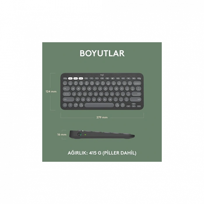 LOGITECH K380S, Pebble Keys 2,  Siyah, 920-011859, Bluetooth, Türkçe, Q, Multimedya, Mini Klavye