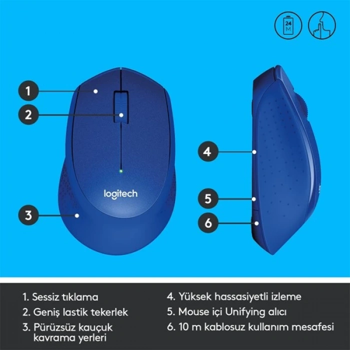 LOGITECH M330 Sessiz Kablosuz Mouse-Mavi 910-004910