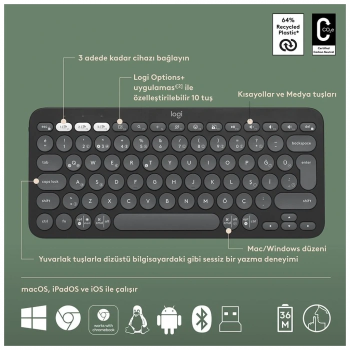 LOGITECH Pebble 2 Combo, Grafit, 920-012245, Bluetooth, Türkçe, Q, Multimedya, Mini Klavye Mouse Set