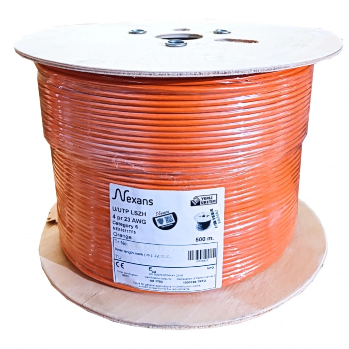 NEXANS NEX1611TF5, TURUNCU, CAT6, 500M, 23AWG (0,58mm), UTP, %100 Bakır, LSZH Halogen Free, Makara, Kablo