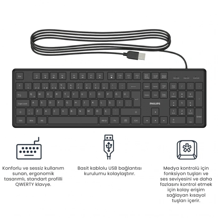 PHILIPS SPK6248B, USB Kablolu, Türkçe Q, Multimedya Klavye (Siyah)