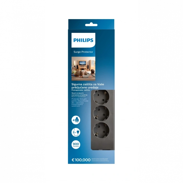 PHILIPS SPN3140A/62, 4 Soket, Akım Korumalı Priz, 900 Joules, 2Mt Kablo, (Gri)