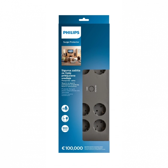 PHILIPS SPN3180A/62, 8 Soket, Akım Korumalı Priz, 900 Joules, 2Mt Kablo, (Gri)