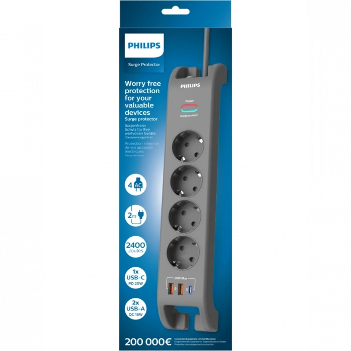 PHILIPS SPN4140GA/62, 4 Soket, Akım Korumalı Priz, 2400 Joules, 2Mt Kablo, 1xUsb-C PD 20W Hızlı Şarj, 2xUsb-A QC 18W, (Gri)