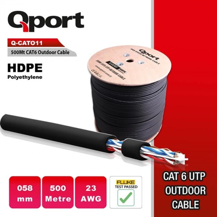 QPORT CAT6 Utp 23AWG Siyah 500m Outdoor Makaralı Kablo Q-CATO11