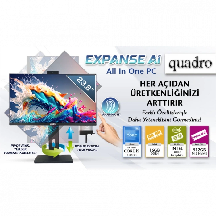 QUADRO EXPANSE AI B424 14165, i5-14400, 23,8" FHD Ekran, 16Gb Ram, 512Gb SSD, Pivot, Paylaşımlı VGA, Free Dos All In One PC