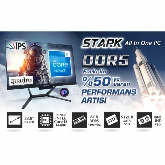 QUADRO STARK H424D5 145850, i5-14400, 23,8" FHD Ekran, 8Gb DDR5 Ram, 512Gb SSD, Paylaşımlı VGA, Free Dos All In One PC