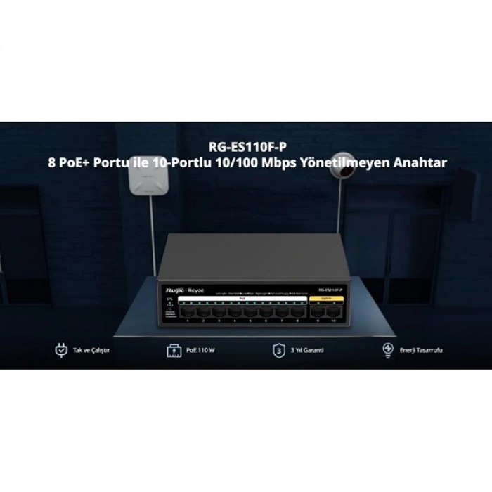 RUIJIE 8port RG-ES110F-P 10/100 2-UPLINK 110W YÖNETİLEMEZ POE SWITCH