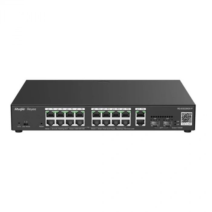 RUIJIE REYEE 16port RG-ES220GS-P GIGABIT 2-UPLINK 2-SFP 250W YÖNETİLEBİLİR POE SWITCH