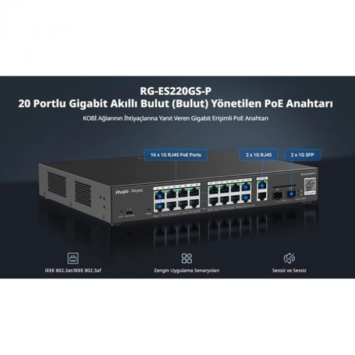 RUIJIE REYEE 16port RG-ES220GS-P GIGABIT 2-UPLINK 2-SFP 250W YÖNETİLEBİLİR POE SWITCH