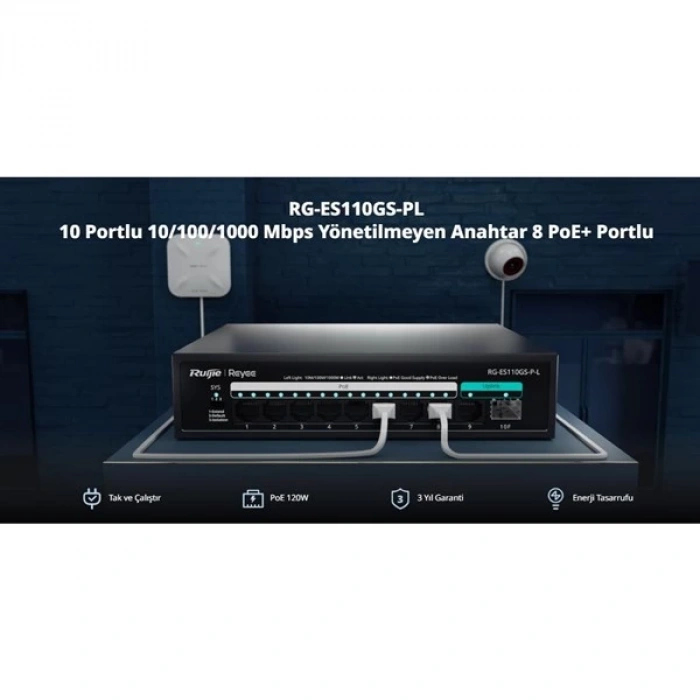 RUIJIE REYEE 8port RG-ES110GS-P-L GIGABIT 1-UPLINK 1-SFP 120W YÖNTİLEMEZ POE SWITCH