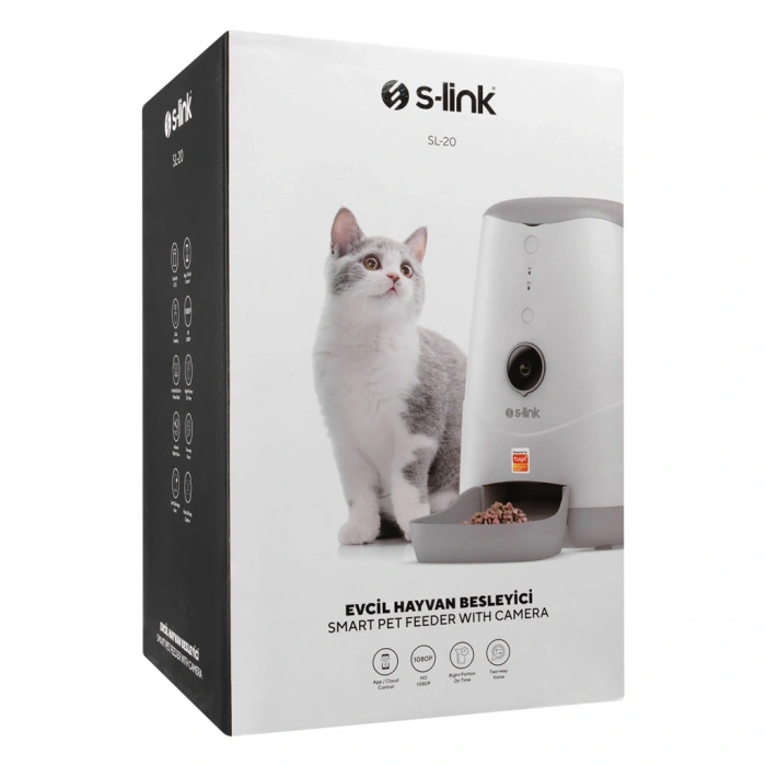 S-LINK SL-20, 3,7Litre Kapasiteli, WiFi, 1080P Kameralı, İyi Yönlü Ses, Tuya Destekli, Otomatik Yem Kabı
