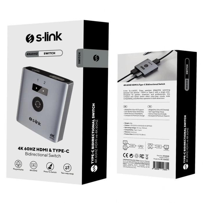S-LINK SL-LU602C, 2xHDMI, 1Type-C, 4K, 60Hz, Monitör Çoklayıcı (1PC-2Monitör veya 2PC- 1Monitör) Çift Yönlü Switch