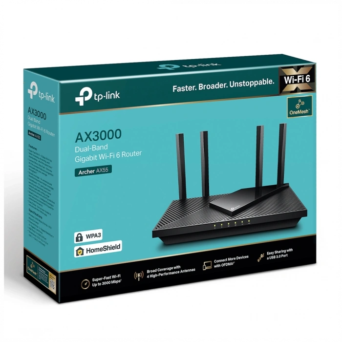 TP-LINK ARCHER AX55, AX3000, 4Port, 3000Mbps, Dual Band, Wifi 6, Masaüstü, Gigabit, Router, Access Point