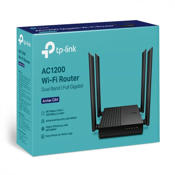 TP-LINK ARCHER C64, AC1200, 4Port, 1200Mbps, Dual Band WiFi, Masaüstü, Gigabit, Router, Access Point