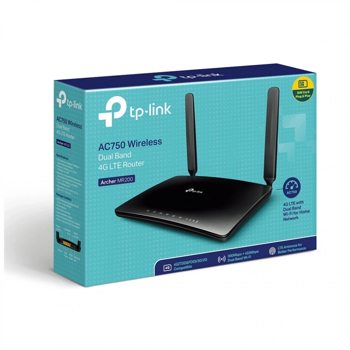 TP-LINK ARCHER MR200, AC750, 4Port, 750Mbps, Dual Band WiFi, Masaüstü, LTE Micro Sim Kart Takılabilir 3G-4G Destekli Router