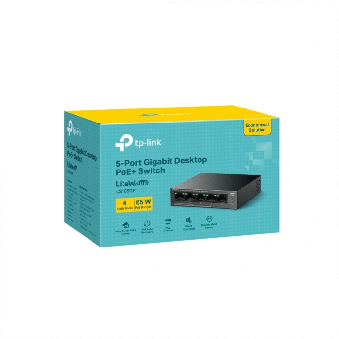 TP-LINK LS105GP, Green Tech, 5 Port, GigaBit, 4 Port PoE 65W, Metal Kasa, Yönetilemez, Masaüstü Switch