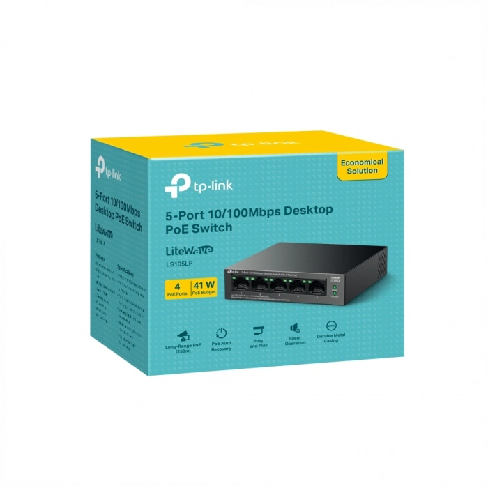 TP-LINK LS105LP, Green Tech, 5 Port, MegaBit, 4 Port PoE 41W, Metal Kasa, Yönetilemez, Masaüstü Switch