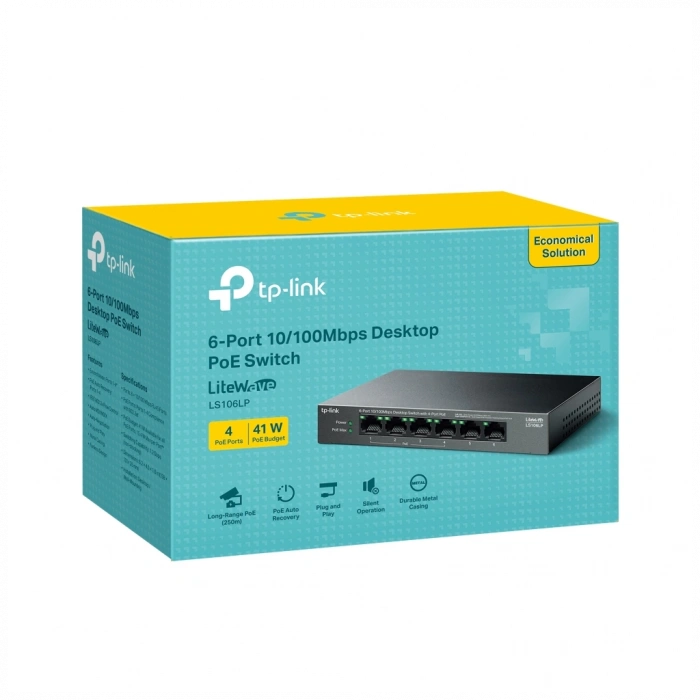 TP-LINK LS106LP, Green Tech, 6 Port, MegaBit, 4 Port PoE 41W, Metal Kasa, Yönetilemez, Masaüstü Switch