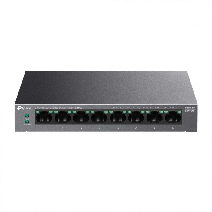 TP-LINK LS108GP, Green Tech, 8 Port GigaBit, PoE 62W, Yönetilemez, Metal Kasalı Switch