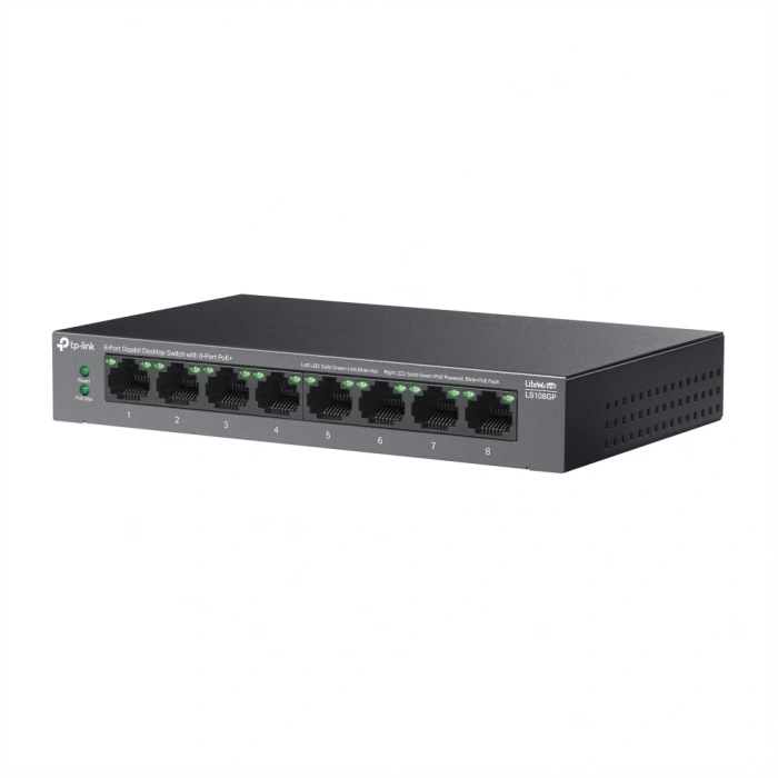 TP-LINK LS108GP, Green Tech, 8 Port GigaBit, PoE 62W, Yönetilemez, Metal Kasalı Switch