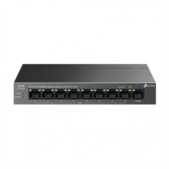 TP-LINK LS109P, Green Tech, 8 Port MegaBit, POE 63W, 1 Port Uplink, Long Range 250Mt, Yönetilemez, Metal Kasalı Switch