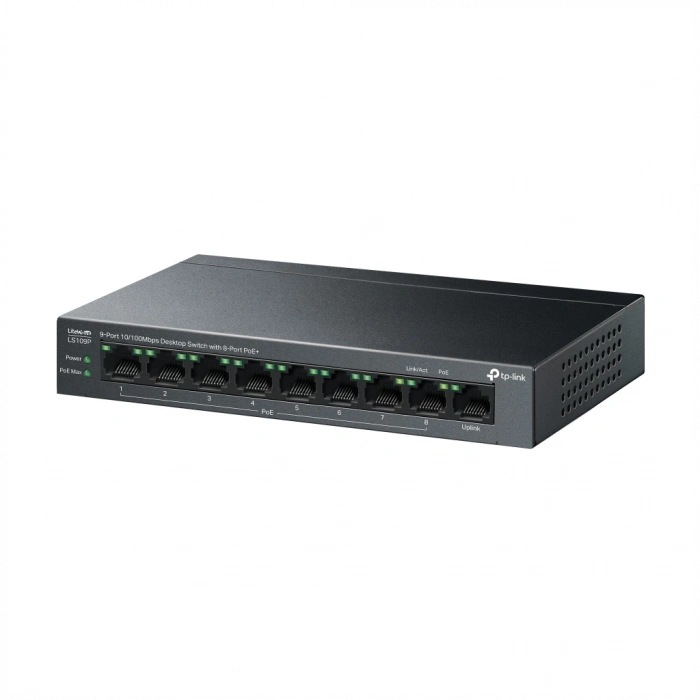 TP-LINK LS109P, Green Tech, 8 Port MegaBit, POE 63W, 1 Port Uplink, Long Range 250Mt, Yönetilemez, Metal Kasalı Switch