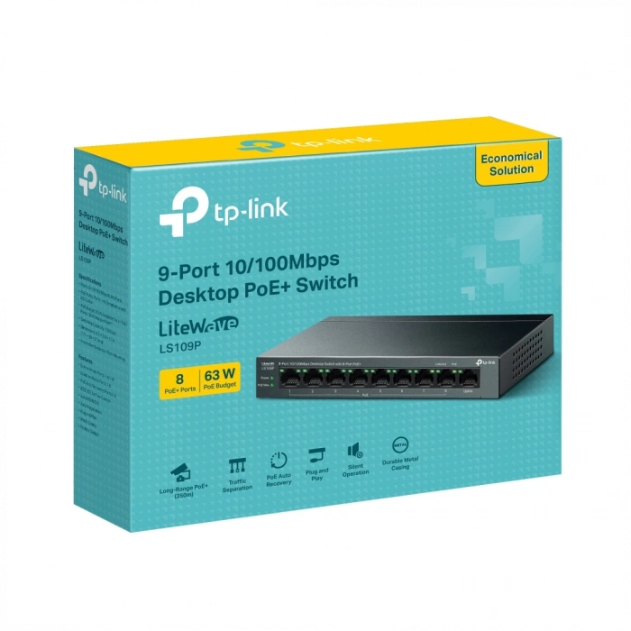 TP-LINK LS109P, Green Tech, 8 Port MegaBit, POE 63W, 1 Port Uplink, Long Range 250Mt, Yönetilemez, Metal Kasalı Switch
