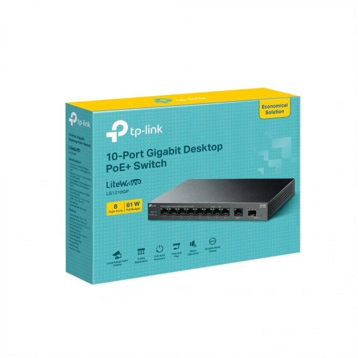 TP-LINK LS1210GP, Green Tech, 8 Port Gigabit, PoE 61W, 1 Port Gigabit Uplink, 1 Port Gigabit SFP, Yönetilemez Masaüstü Switch
