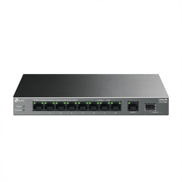 TP-LINK LS1210GP, Green Tech, 8 Port Gigabit, PoE 61W, 1 Port Gigabit Uplink, 1 Port Gigabit SFP, Yönetilemez Masaüstü Switch