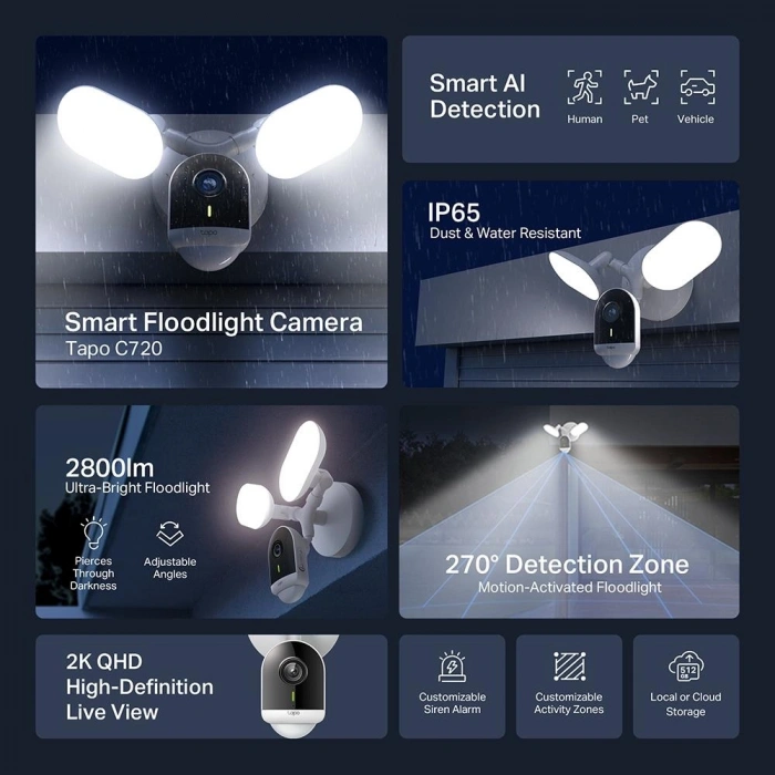 TP-Link Tapo C720 Dış Mekan 2K Gece Görüşlü 512GB Micro SD Destekli Akıllı Projektör Kamera