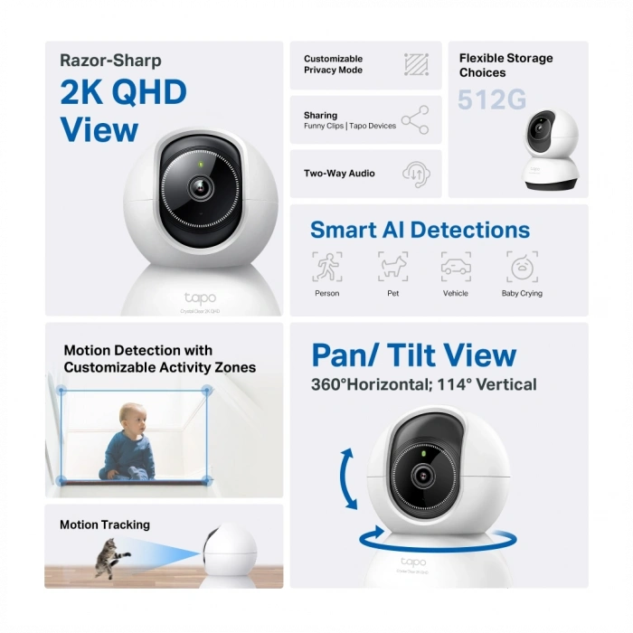 TP-LINK Tapo TC72 (C220), 2K QHD 4,0Mpix, İç Mekan WiFi, 9Mt. Gece Görüşü, 360 Dönüş, İki Yönlü Ses Güvenlik Yapay Zeka Destekli Kamera