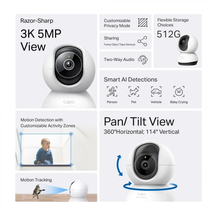 TP-LINK Tapo TC74 (C230), 3K, 5,0Mpix, İç Mekan, WiFi, 12Mt. Gece Görüşü, 360 Dönüş, İki Yönlü Ses Güvenlik Yapay Zeka Destekli Kamera