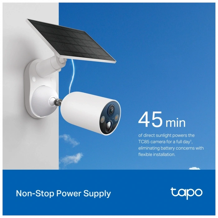 TP-LINK Tapo TC85 KIT (C425 KIT), 2K QHD, 4,0Mpix, Dış Mekan, IP66, WiFi, 15Mt. Renkli Gece Görüşü, İki Yönlü Ses, Yapay Zeka Destekli, Güneş Enerjili Güvenlik Kamerası Kiti